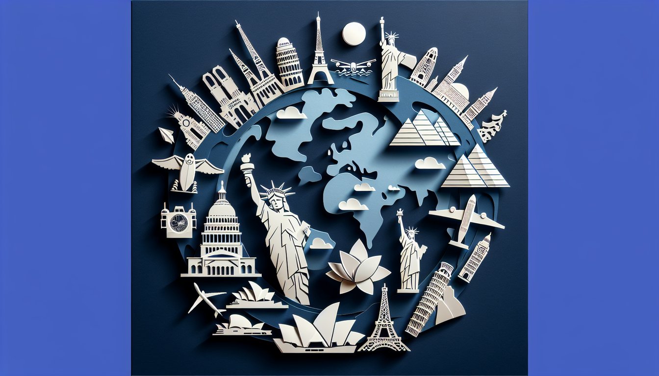Paper art quiz illustration testing geography skills with fun clues on a dark blue background