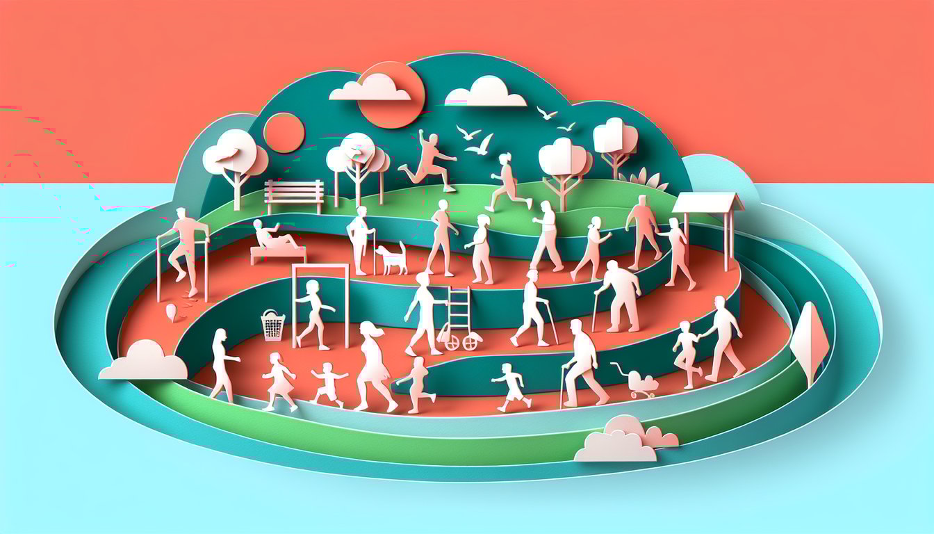 Paper art illustration for fitness age quiz on a coral background