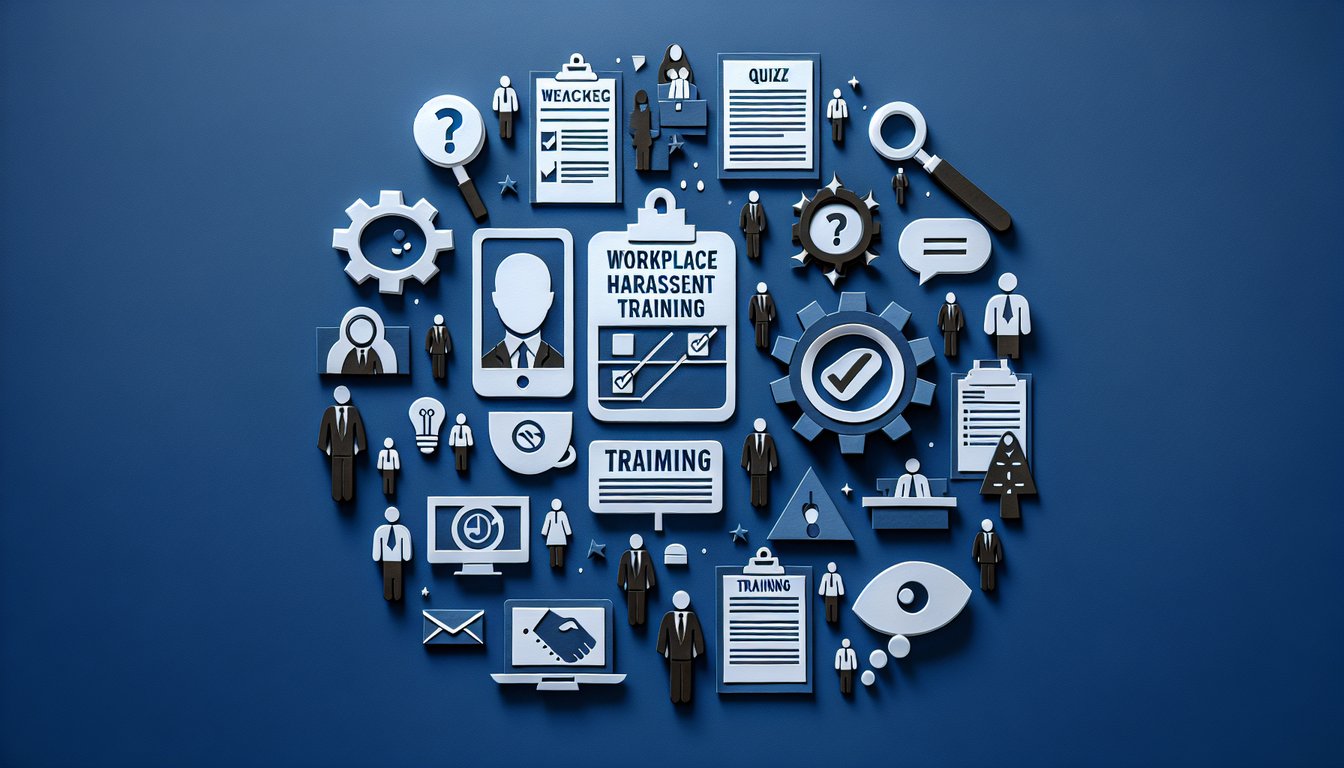 Colorful paper art displaying questions for a Workplace Harassment Training Quiz.