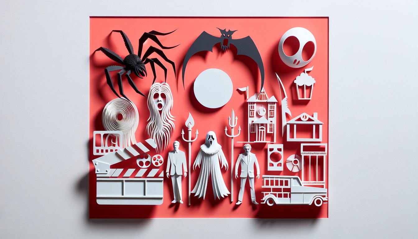 Paper art Wendell and Wild characters with cobwebs and film reels on coral background promoting horror comedy quiz