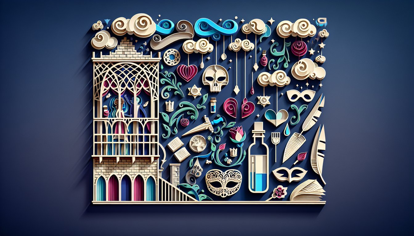 Paper art Romeo and Juliet quill heart skull dark blue background quiz illustration