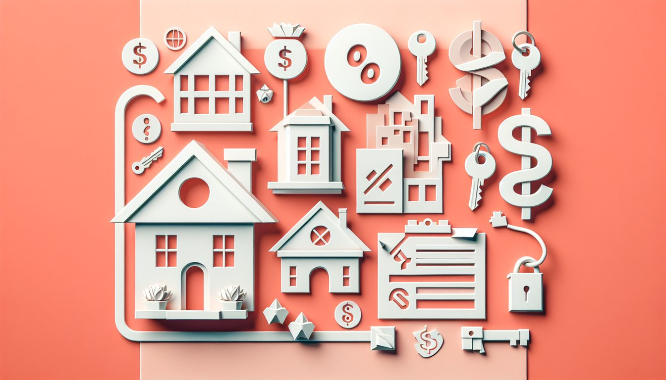 Quiz illustration testing realtor trivia skills with focus on prices, investments, mortgages on coral background