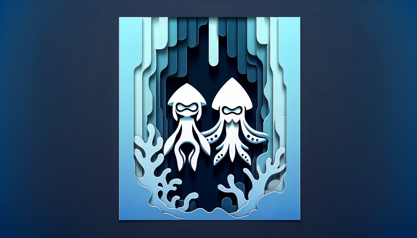 Paper art illustration of stylized squid sisters Callie and Marie for Splatoon fandom quiz on dark blue background