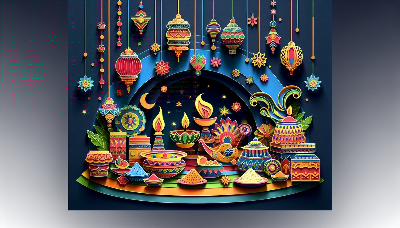 Paper art illustration with Indian festival lantern rangoli drums on dark blue background beckoning cultural trivia quiz.