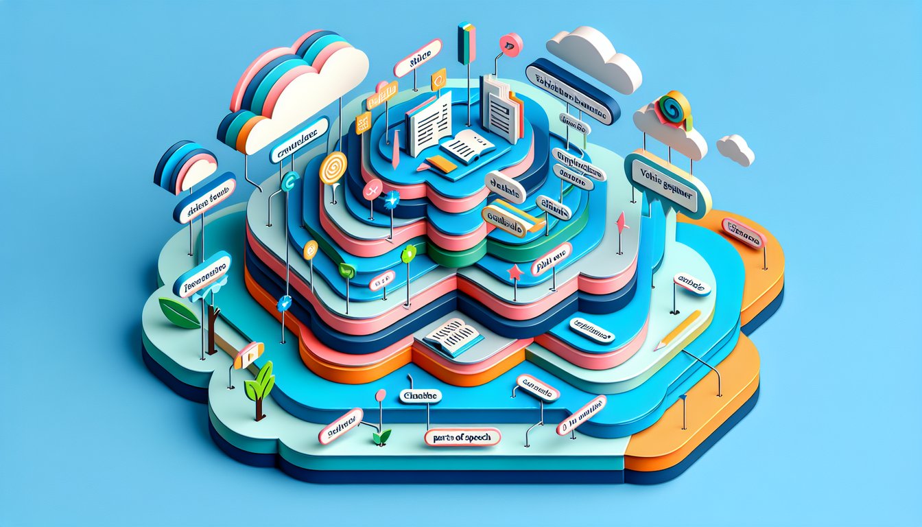 Paper art style quiz scene with letters punctuation marks and scoreboard on sky blue background for English grammar trivia