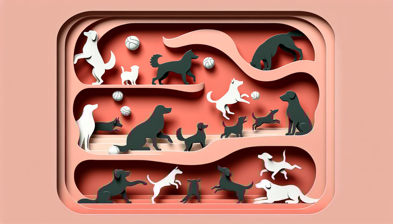 Paper art illustration for personality quiz matching users with dog breeds on a coral background.