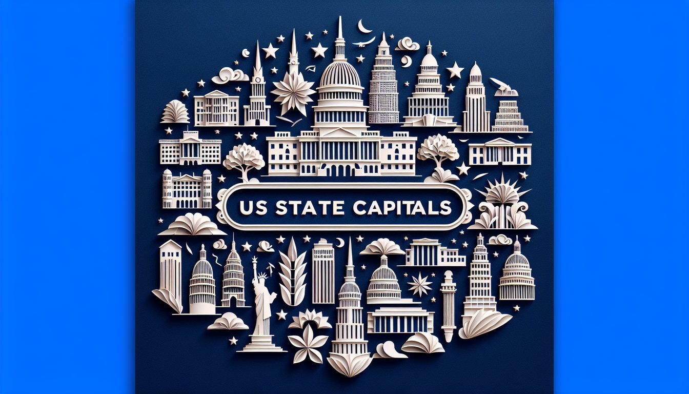 Colorful paper art depicting elements related to a fun US State Capitals Quiz.