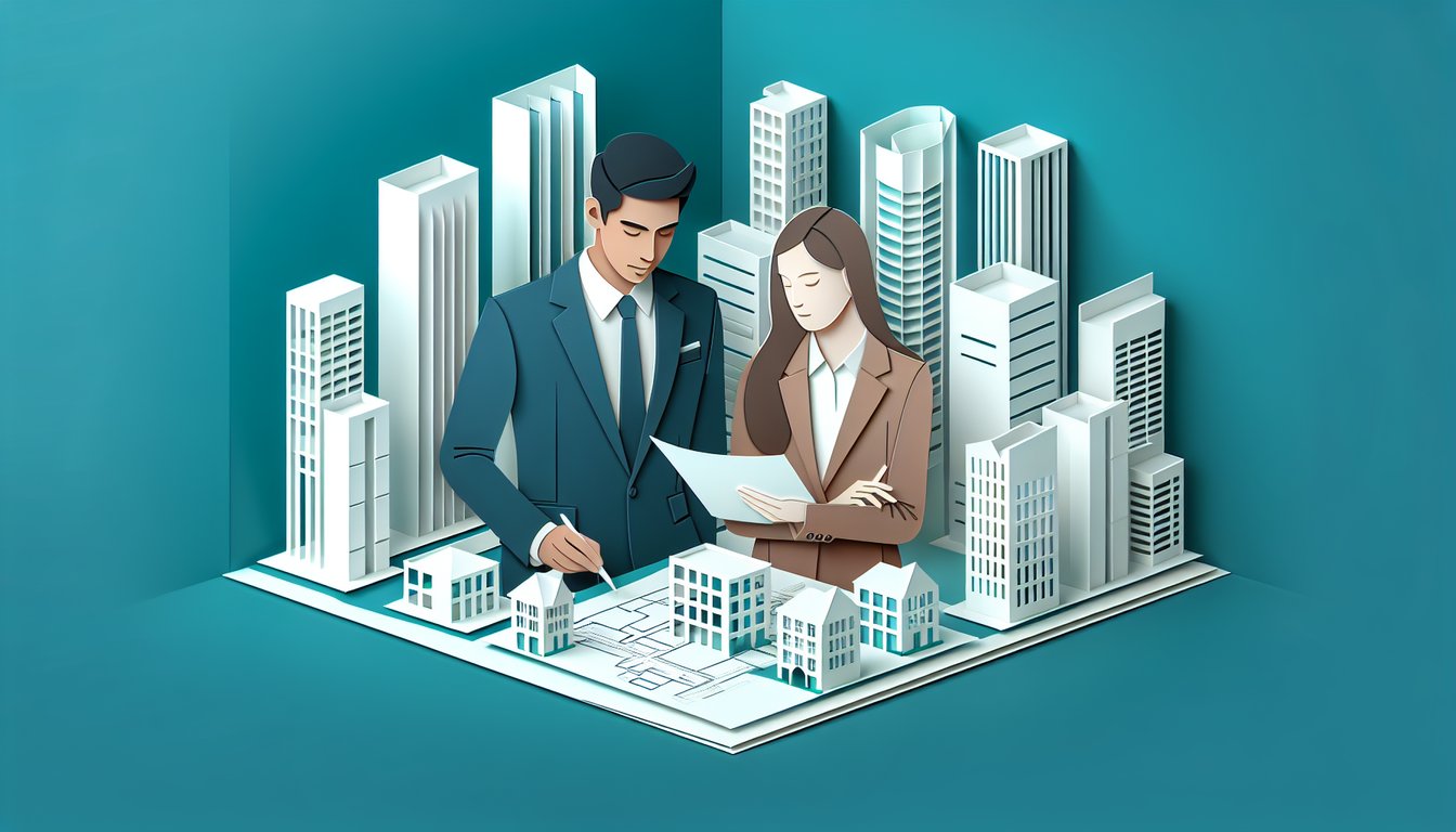 Paper art illustration of assistant property manager quiz on teal background with interview questions and management basics