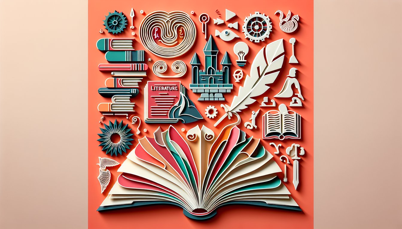 Paper art illustration of open book pages swirling quiz icons question marks on coral background