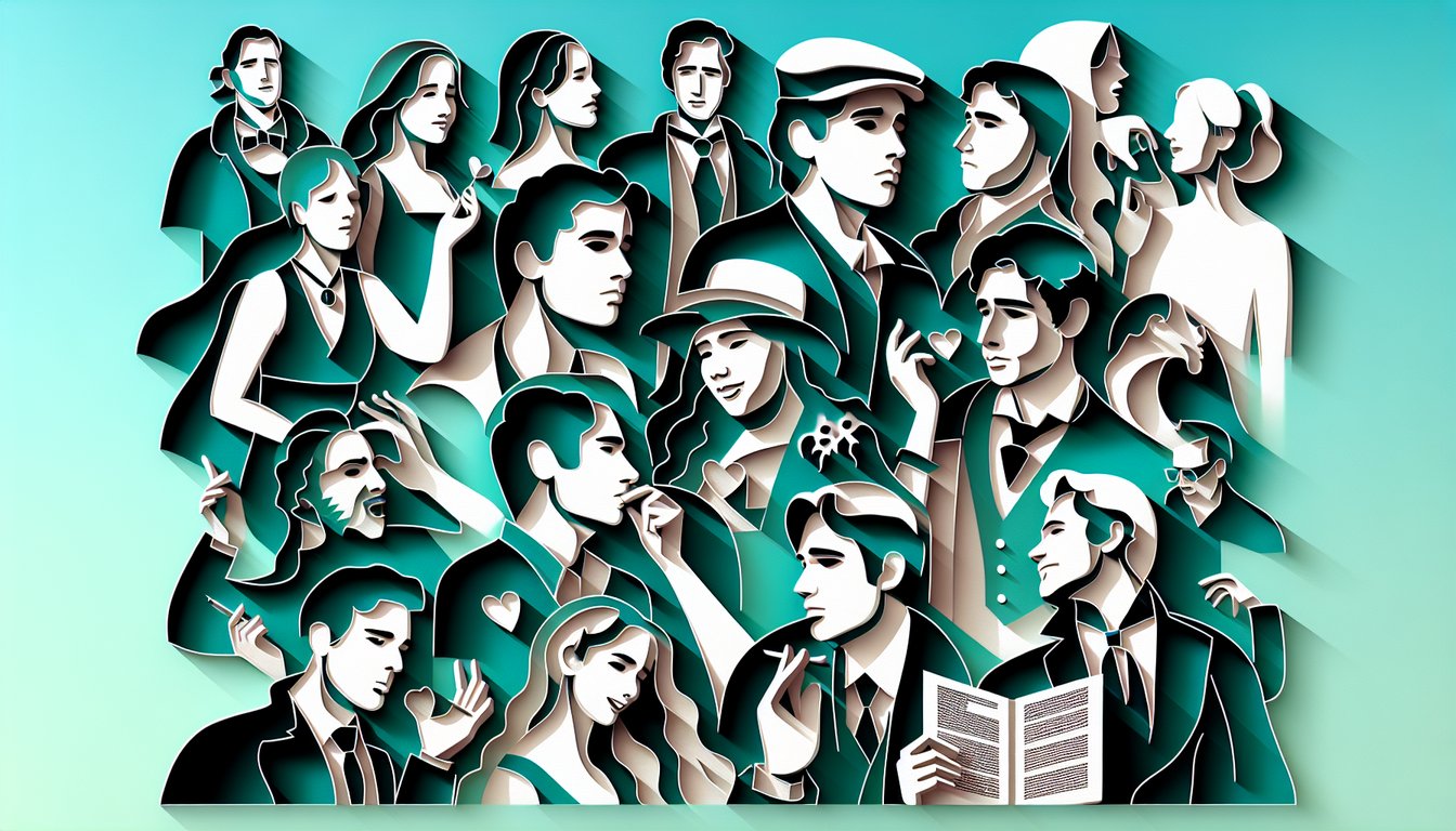 Paper art illustration for quiz to find out which Romeo and Juliet character matches your style on teal background
