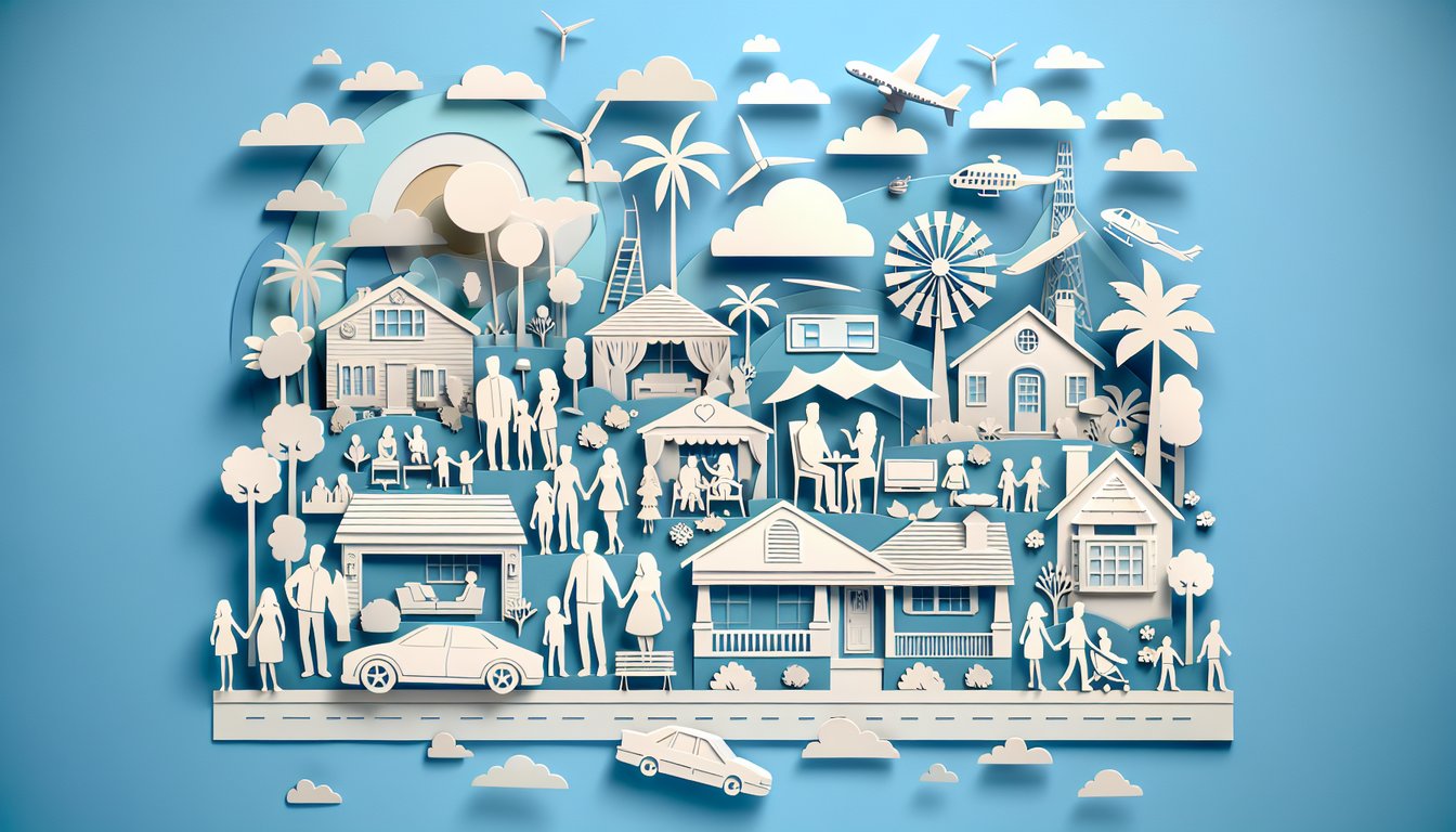 Paper art illustration of quiz cards, question marks, TV silhouettes for Modern Family trivia on sky blue background