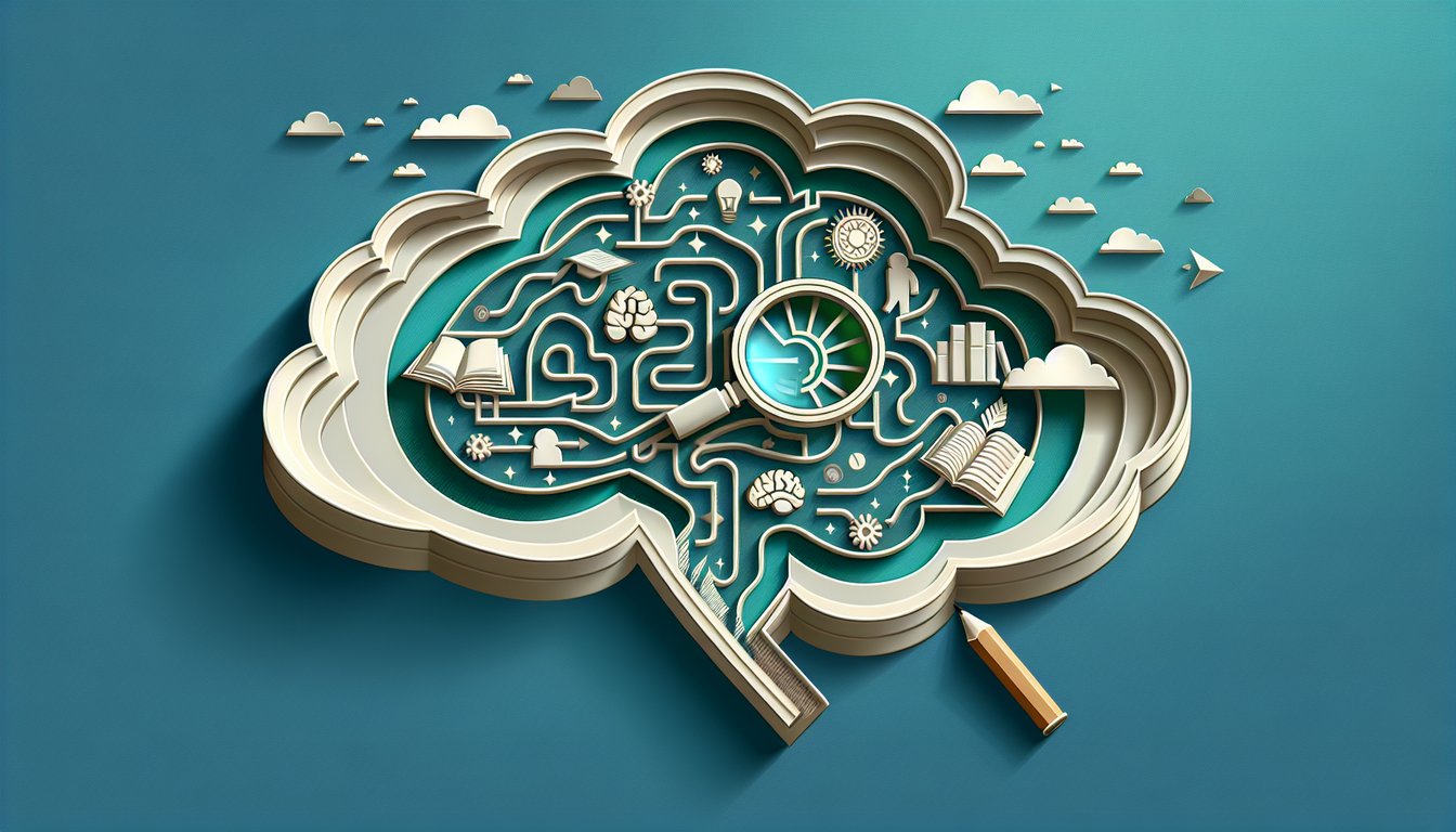 Paper art illustration of quiz materials showing direct indirect characterization icons and text on teal background