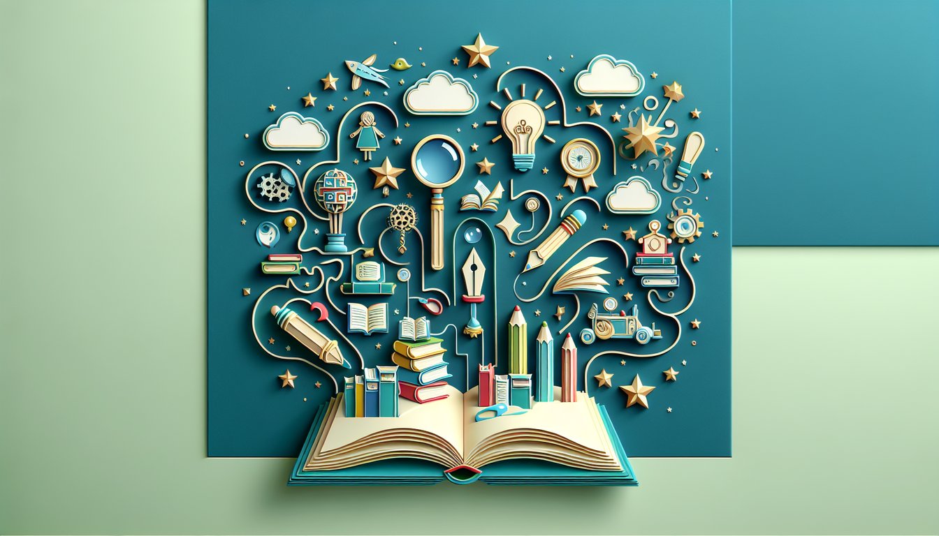 Paper art illustration of books pencils question marks on teal background for 5th grade literature trivia quiz