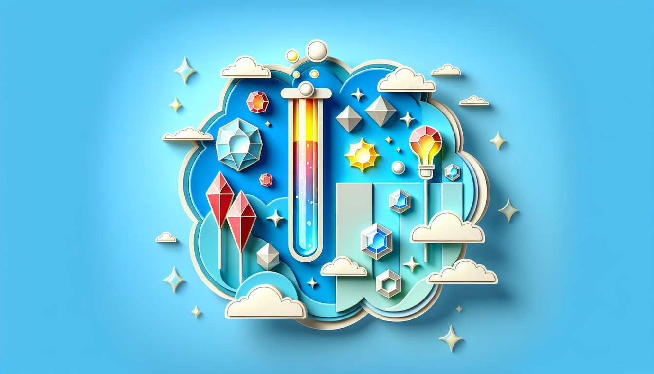 Paper art illustration showing halogen and noble gas symbols with element icons and quiz prompt on sky blue background