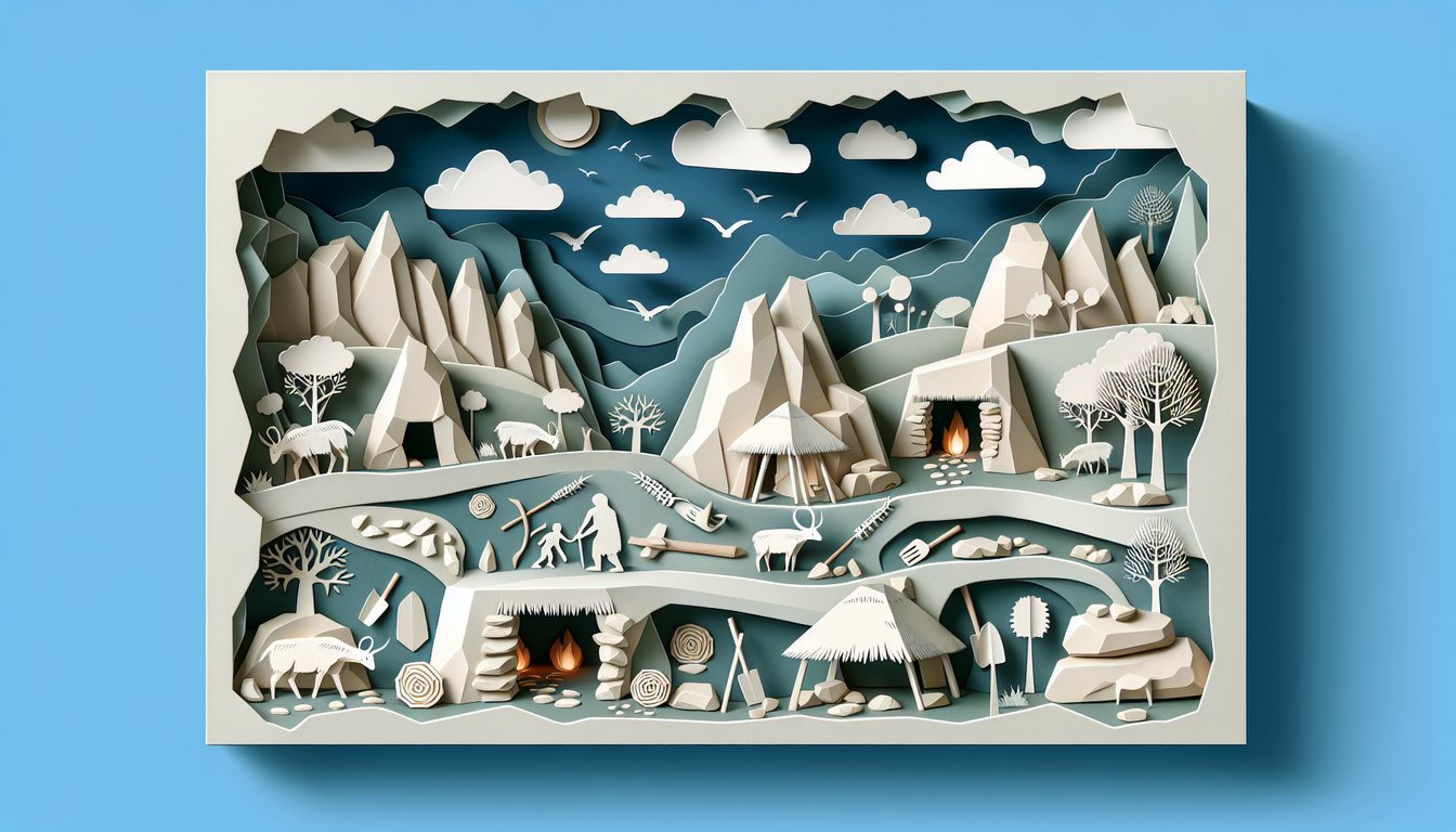 Paper art illustration of nomadic hunter gatherers and farmers on sky blue background for Paleolithic vs Neolithic quiz