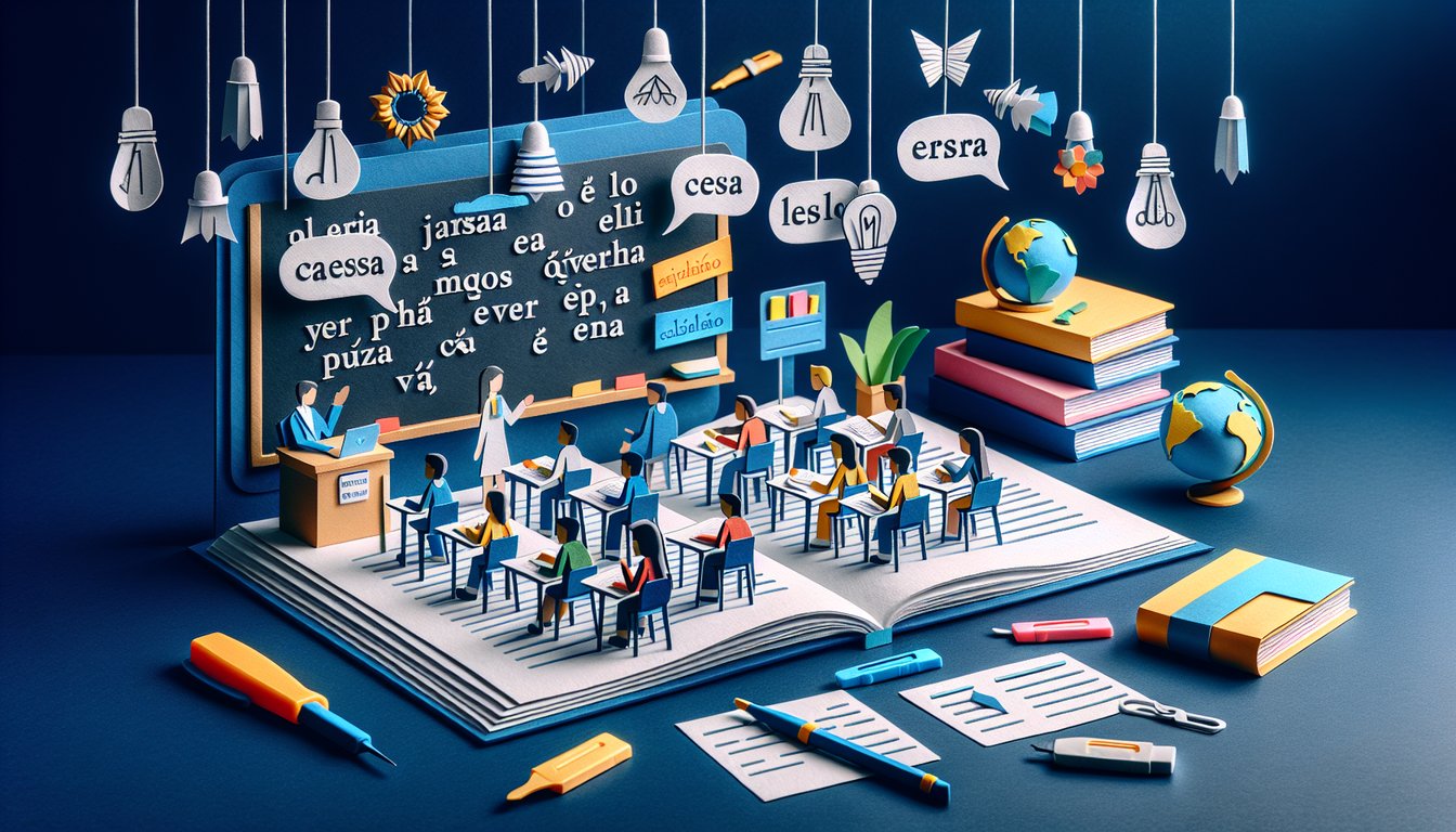 Colorful paper art promoting Conquer Spanish Verbs trivia quiz for high school learners.