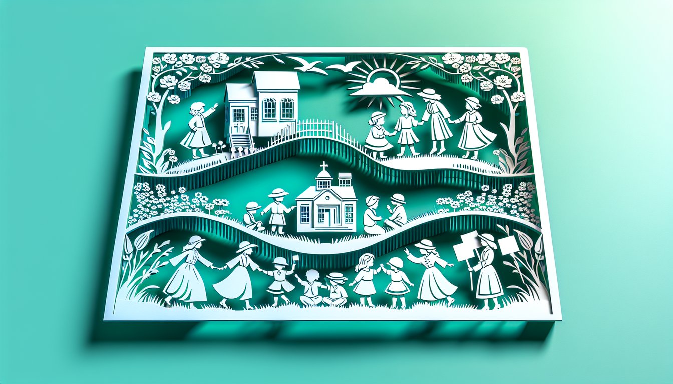 Paper art illustration of Alice Paul childhood and achievements quiz on teal background celebrating pioneering suffragist