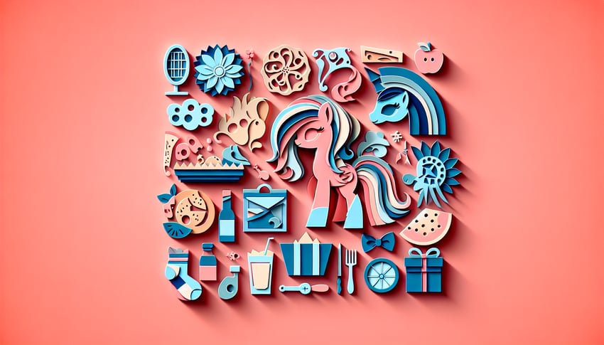Paper art style pony collage with icons for food fashion hobbies on coral background for personality quiz