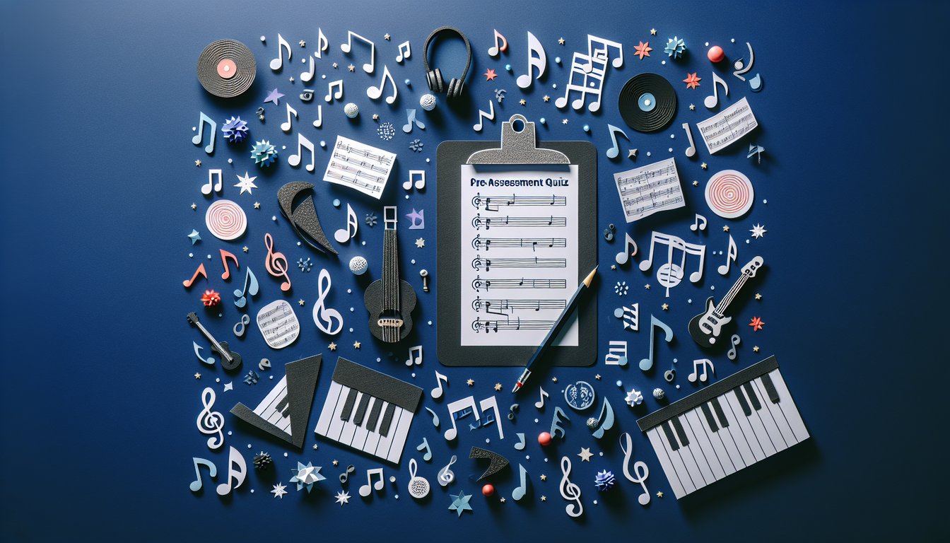 Colorful paper art depicting musical notes and quiz elements for Music Theory Pre-Assessment Quiz
