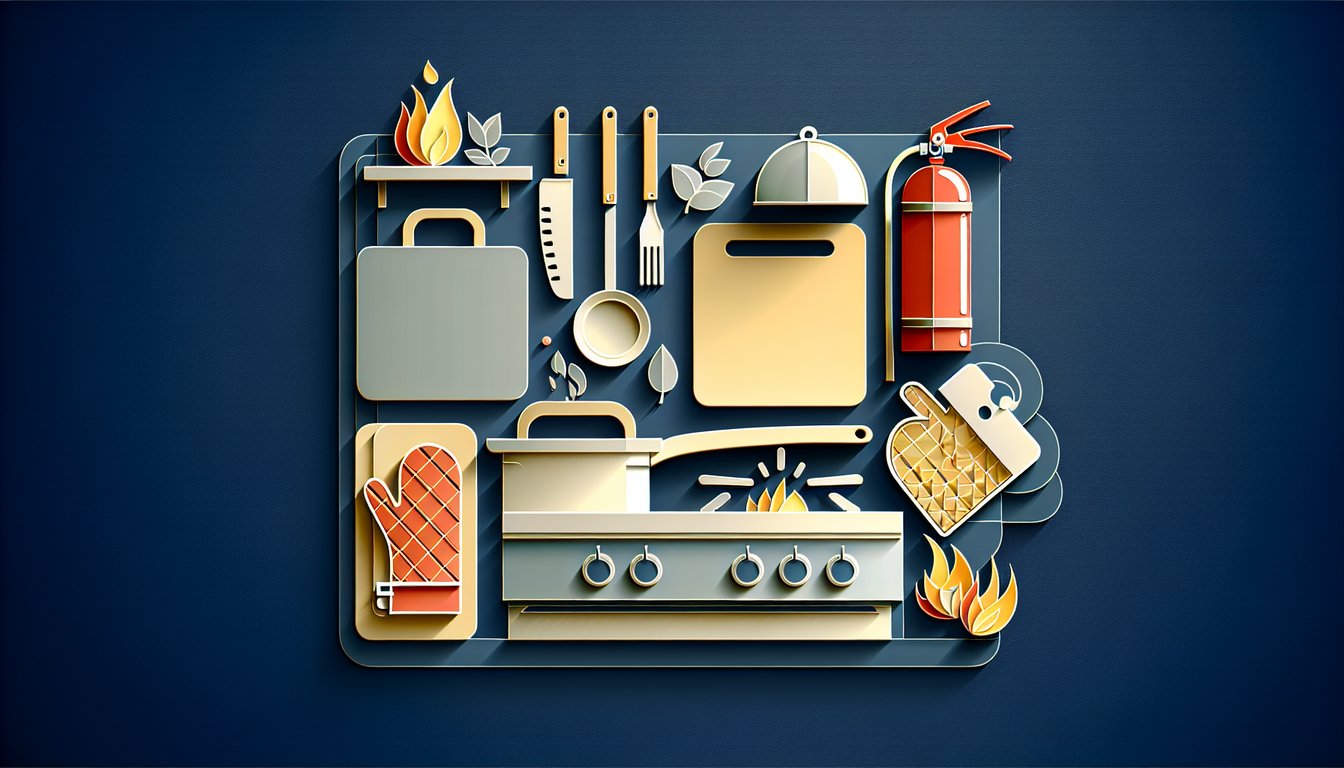 Paper art illustration for a kitchen safety quiz on a dark blue background