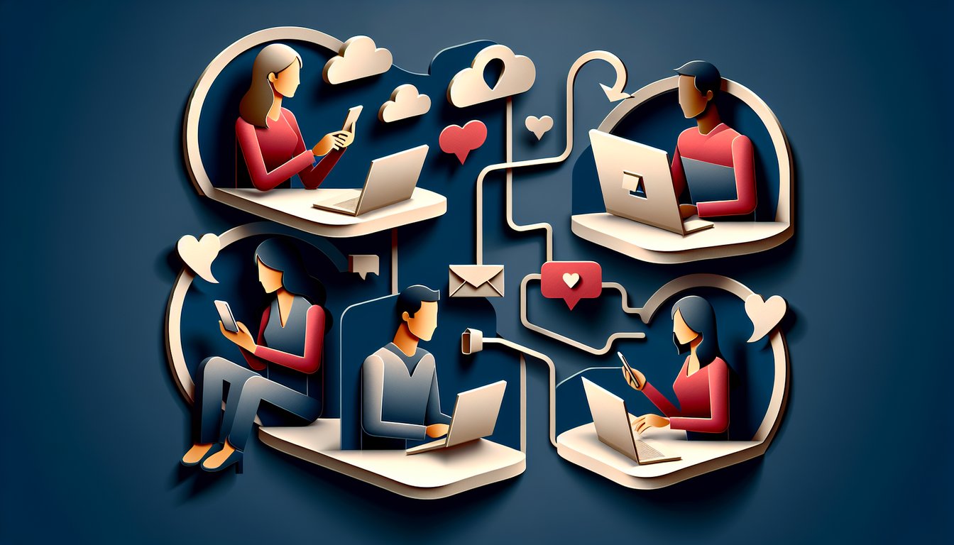 Paper art illustration with layered faces chat bubbles on dark blue background representing social personality quiz