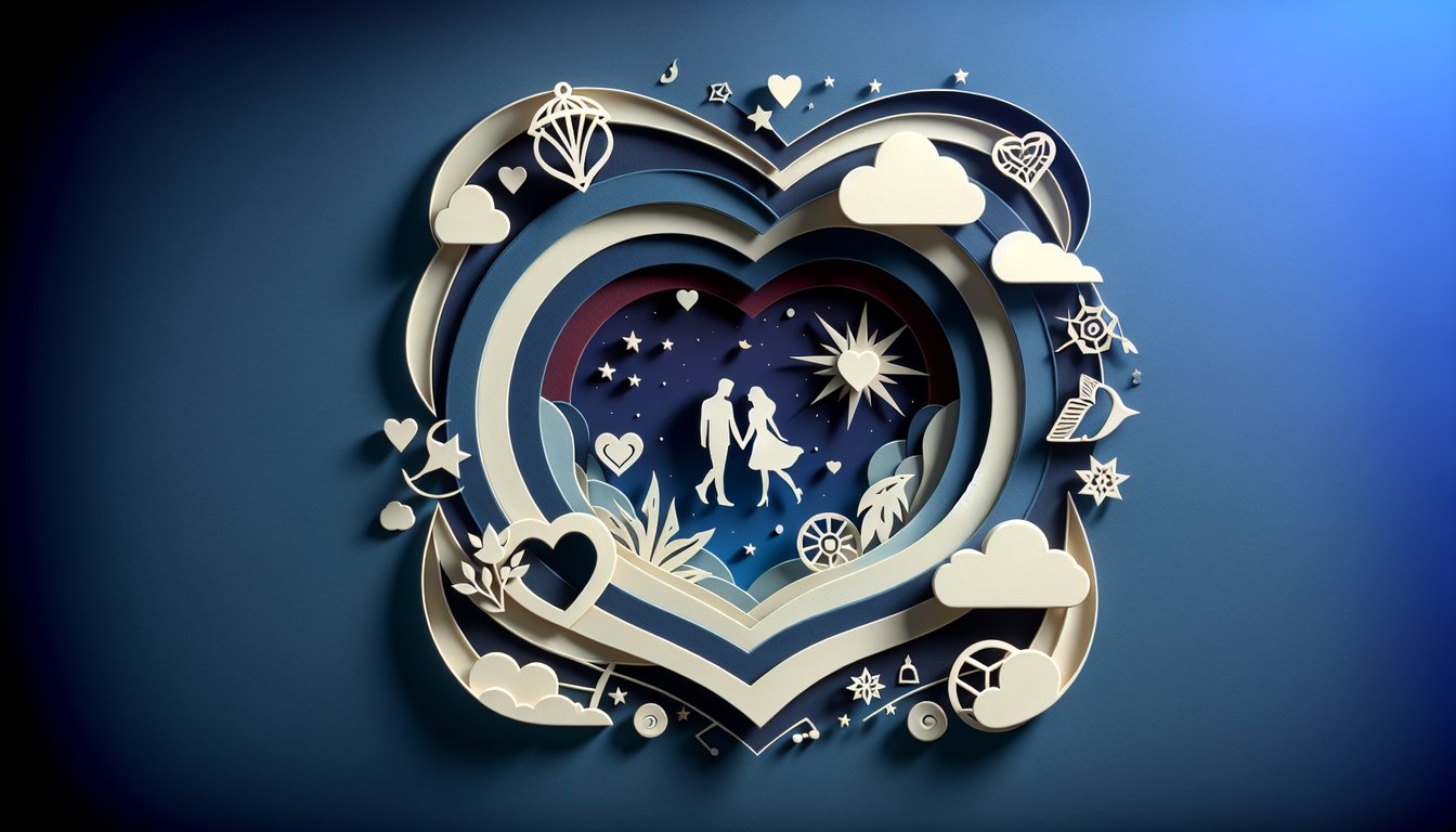 Paper art illustration of floating hearts and envelopes on a dark blue background inviting a free Fall in Love quiz.