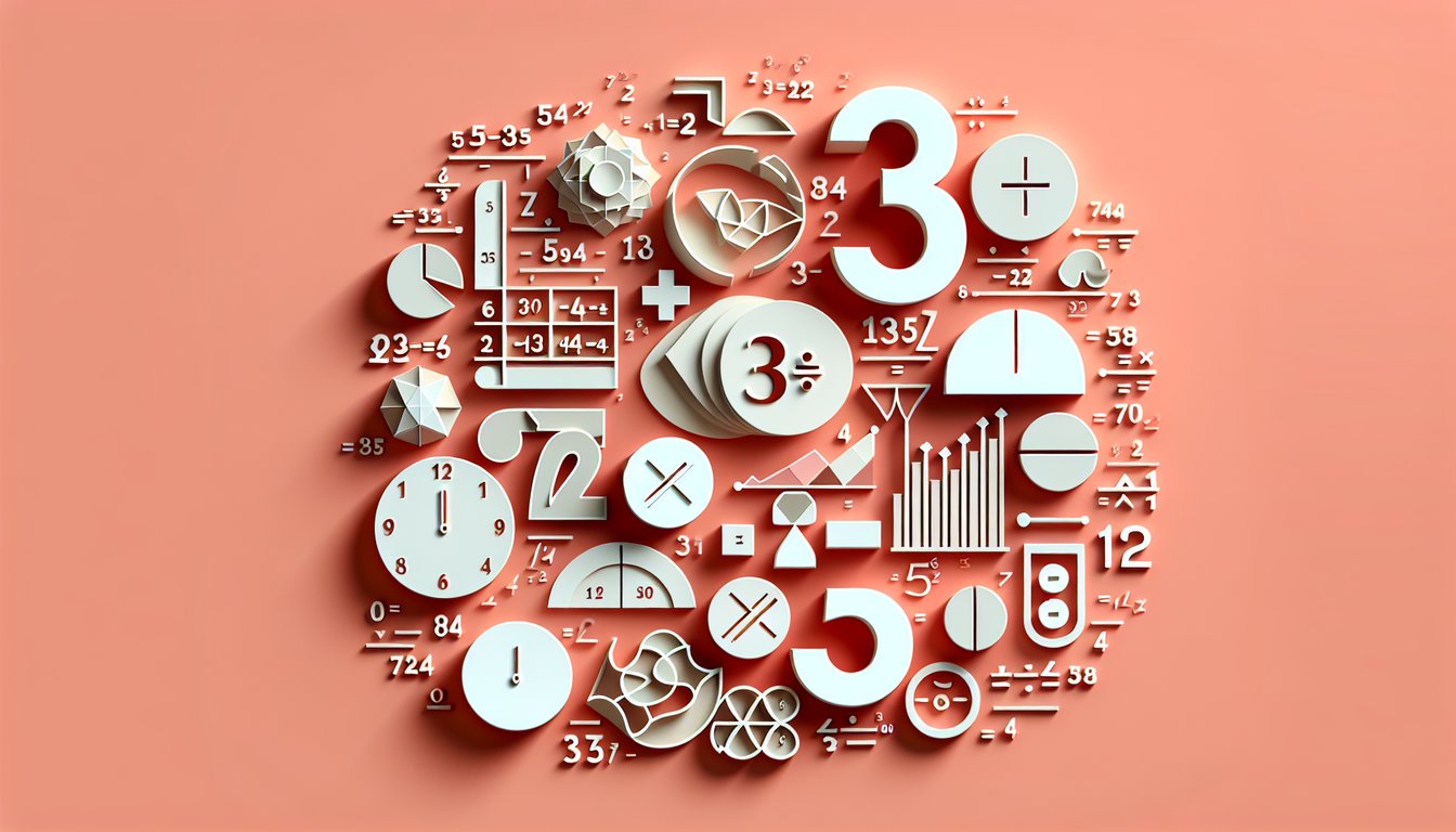 Paper art style quiz graphic featuring numbers 35 and 72 with math symbols on coral background