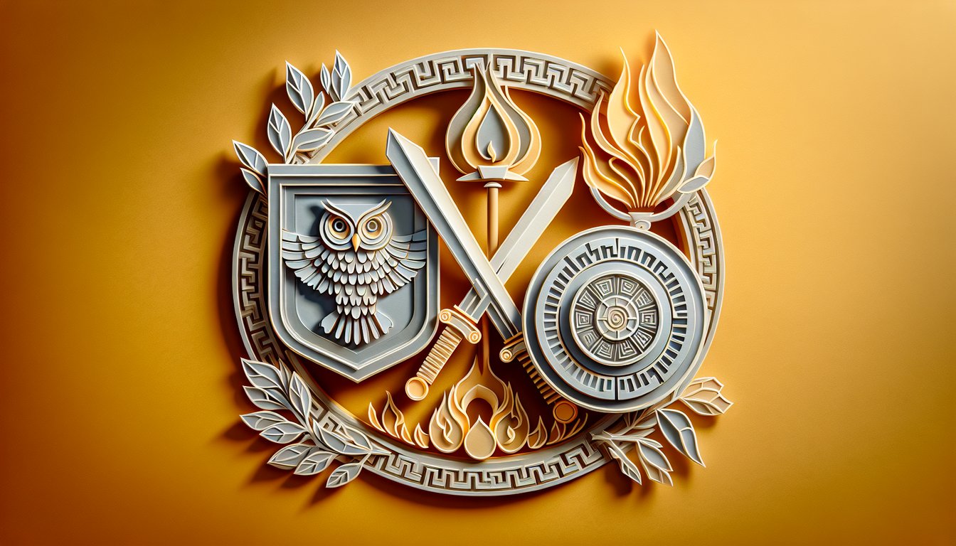 Paper art illustration of Ares helmet and Athena owl on golden yellow background for Ares vs Athena quiz