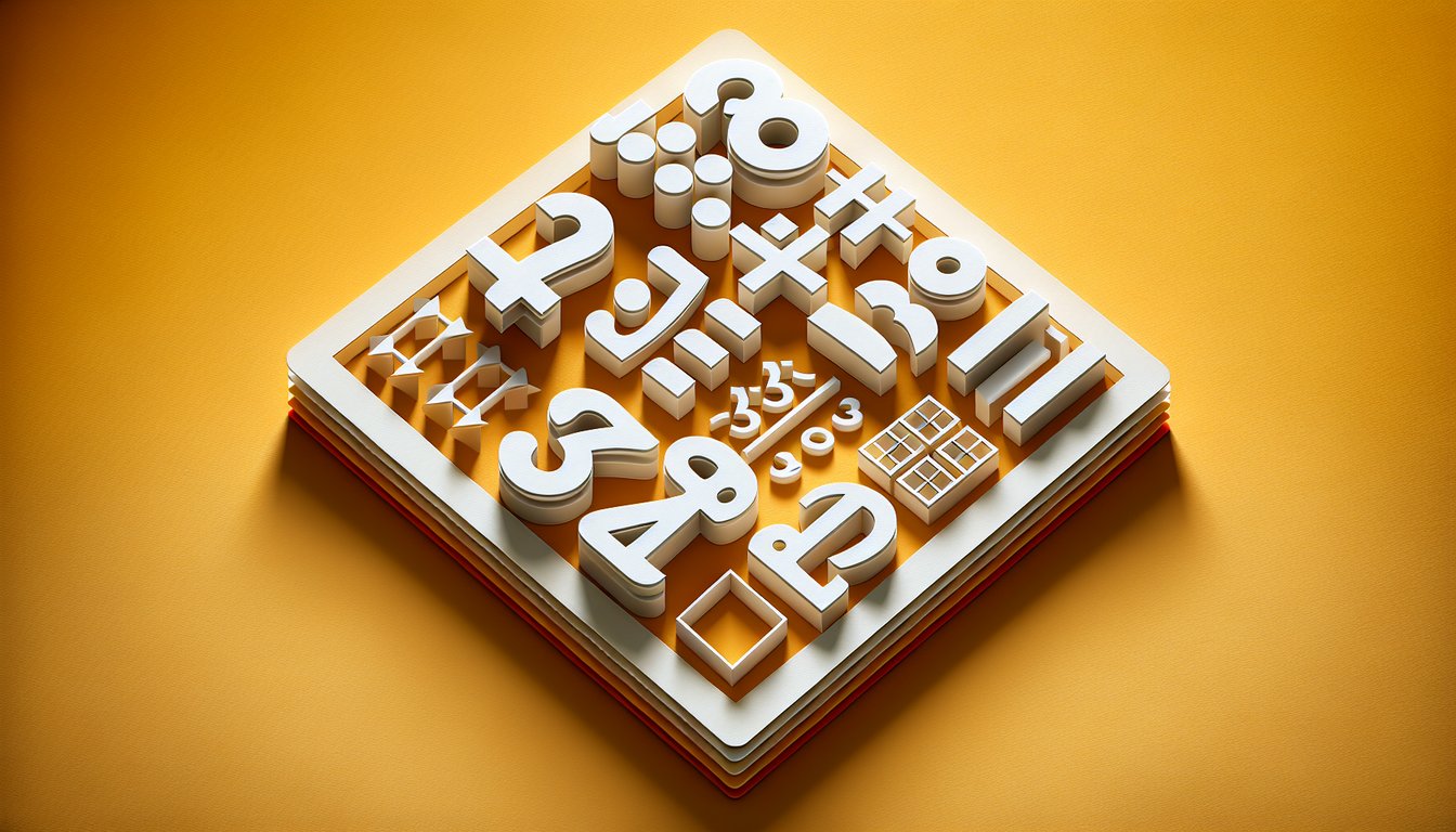 Paper art illustration of factors multiples quiz graphic with numbers and math symbols on golden yellow background