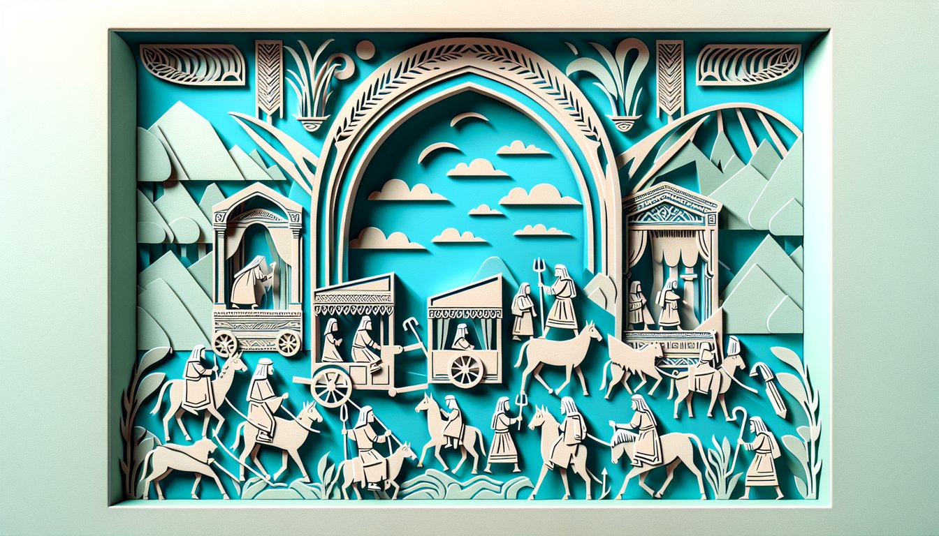 Paper art depiction of Joshua leading Israelites on journey with quiz title elements on teal background.