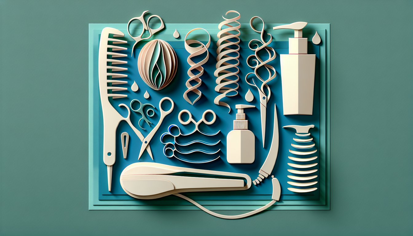 Paper art illustration with pin curl base shapes, finger waving lotion bottle and quiz text on teal background.