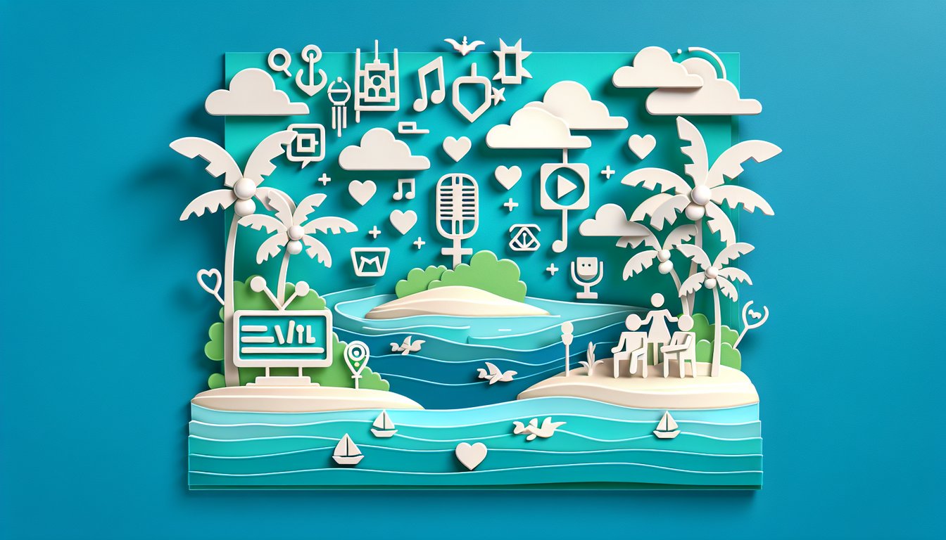 Paper art Love Island quiz scene with tropical leaves hearts question marks and play button on teal background