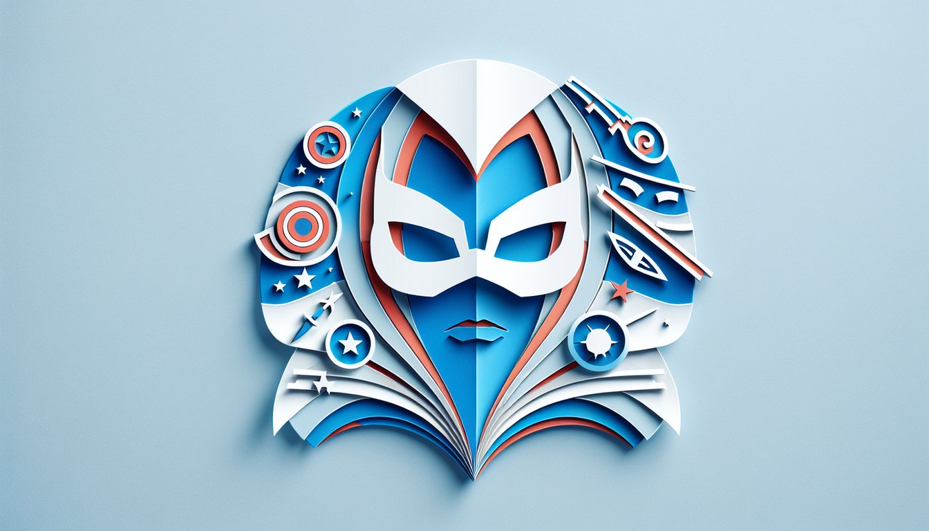 Paper art illustration for superhero personality quiz on a sky blue background