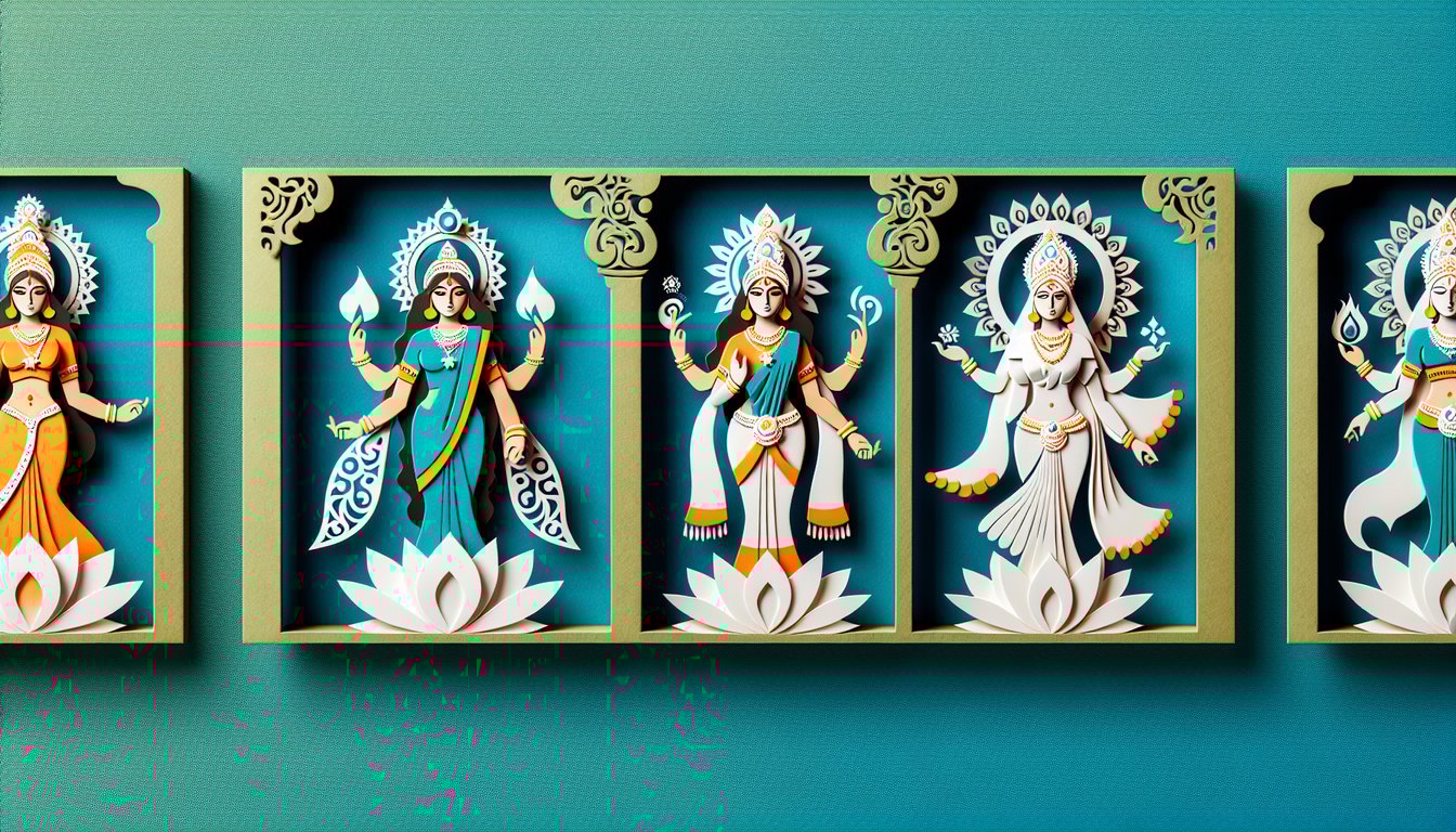 Paper art illustration of Parvati Saraswati Durga on teal background for goddess personality quiz