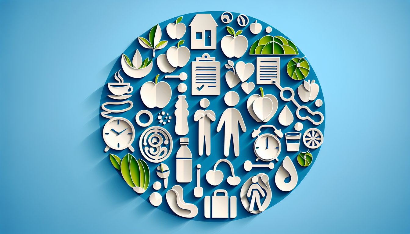 paper art showing heart leaf brain and stopwatch symbols for health habits and biological age quiz on sky blue background