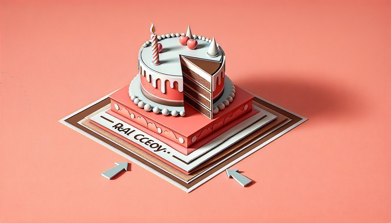 Paper art illustration of real and decoy cake shapes on coral background for a cake or fake quiz.