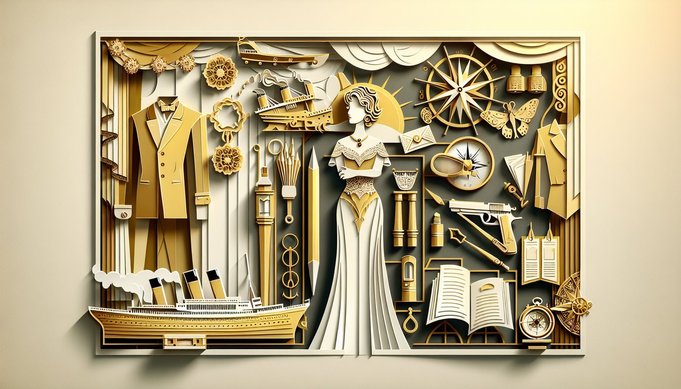 Paper art illustration for Titanic character personality quiz on a golden yellow background