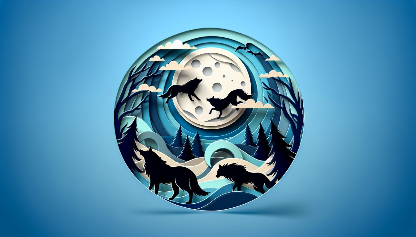 Paper art illustration for werewolf trivia quiz testing lycanthropy and folklore knowledge on sky blue background.