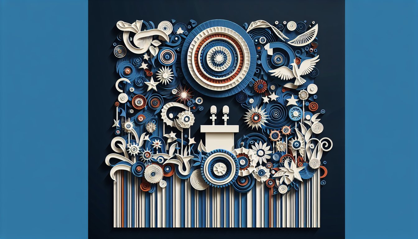 Colorful paper art depicting elements related to a Political Quote Identification Quiz