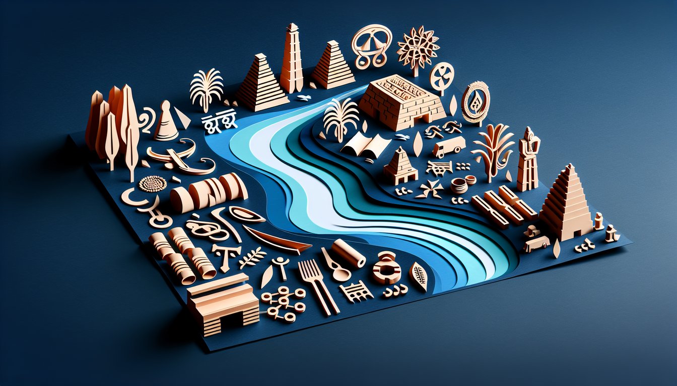 Paper art illustration showing stylized Indus River Valley map, ancient city ruins, pottery shards on dark blue background