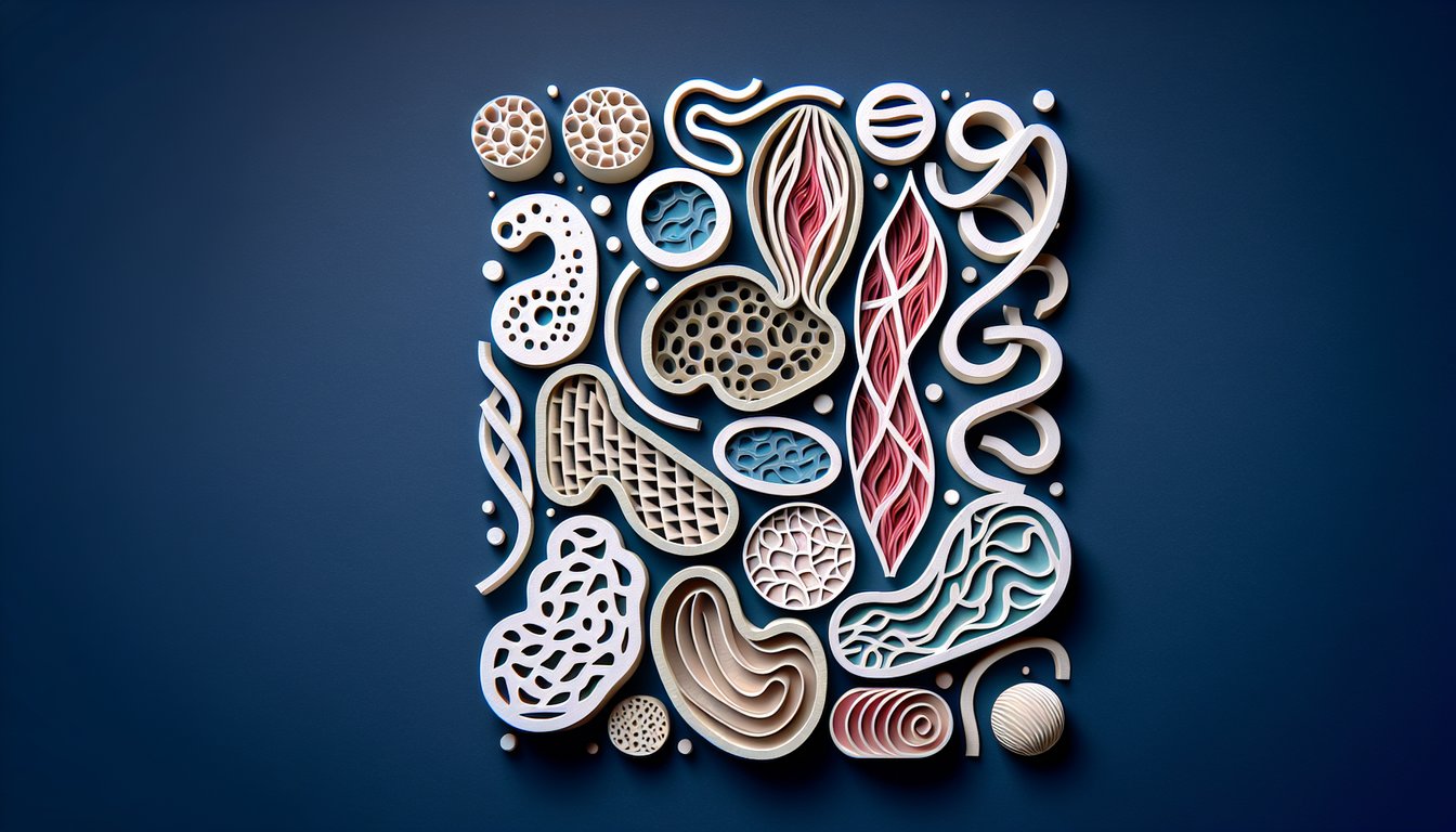 Paper art of blood bone cartilage collagen fibers on dark blue background for connective tissue quiz.