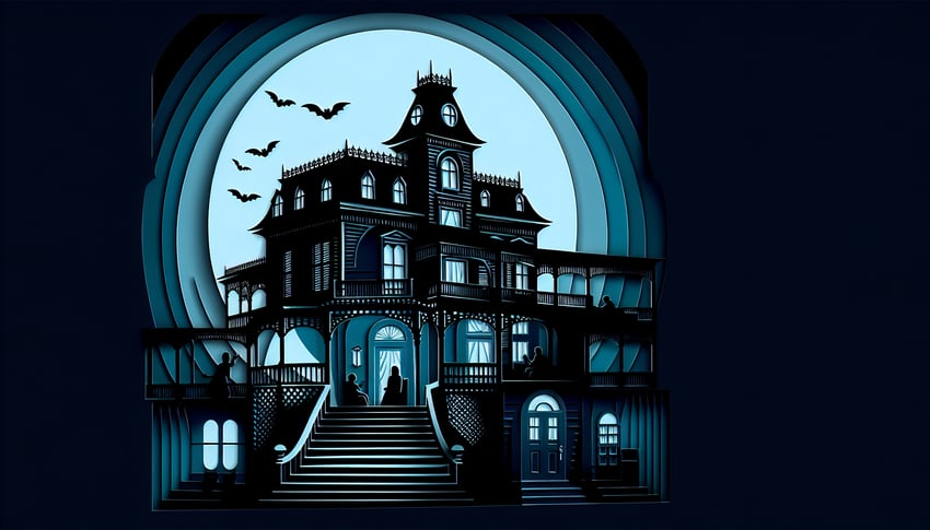 Paper art illustration for Exorcist trivia quiz on dark blue background
