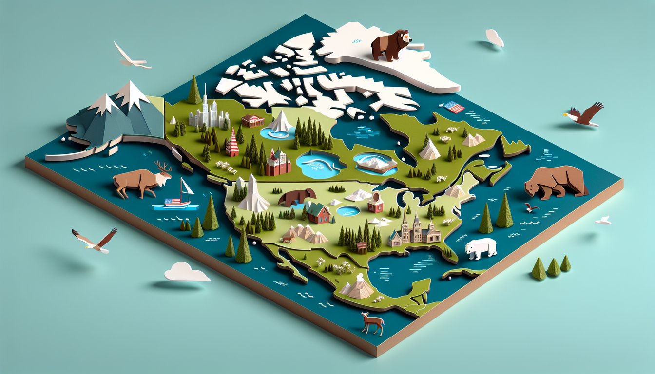 Paper art North America map with capital markers and region outlines on teal background for quiz