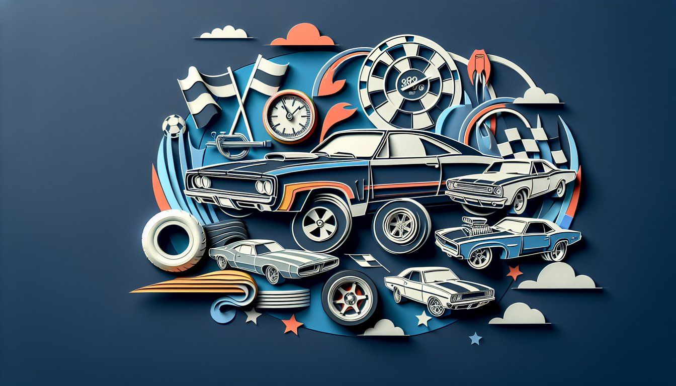 Paper art illustration of red blue muscle cars on dark blue background for high octane personality quiz