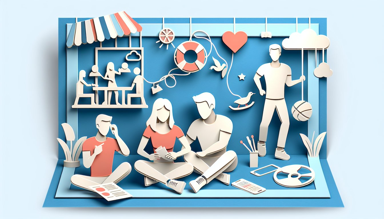Layered paper art hearts and speech bubbles quiz about how well your boyfriend knows you on sky blue background