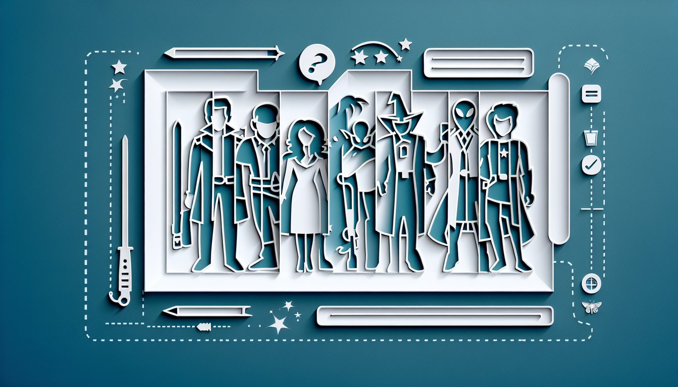 Paper art illustration for a fictional character personality quiz on a teal background