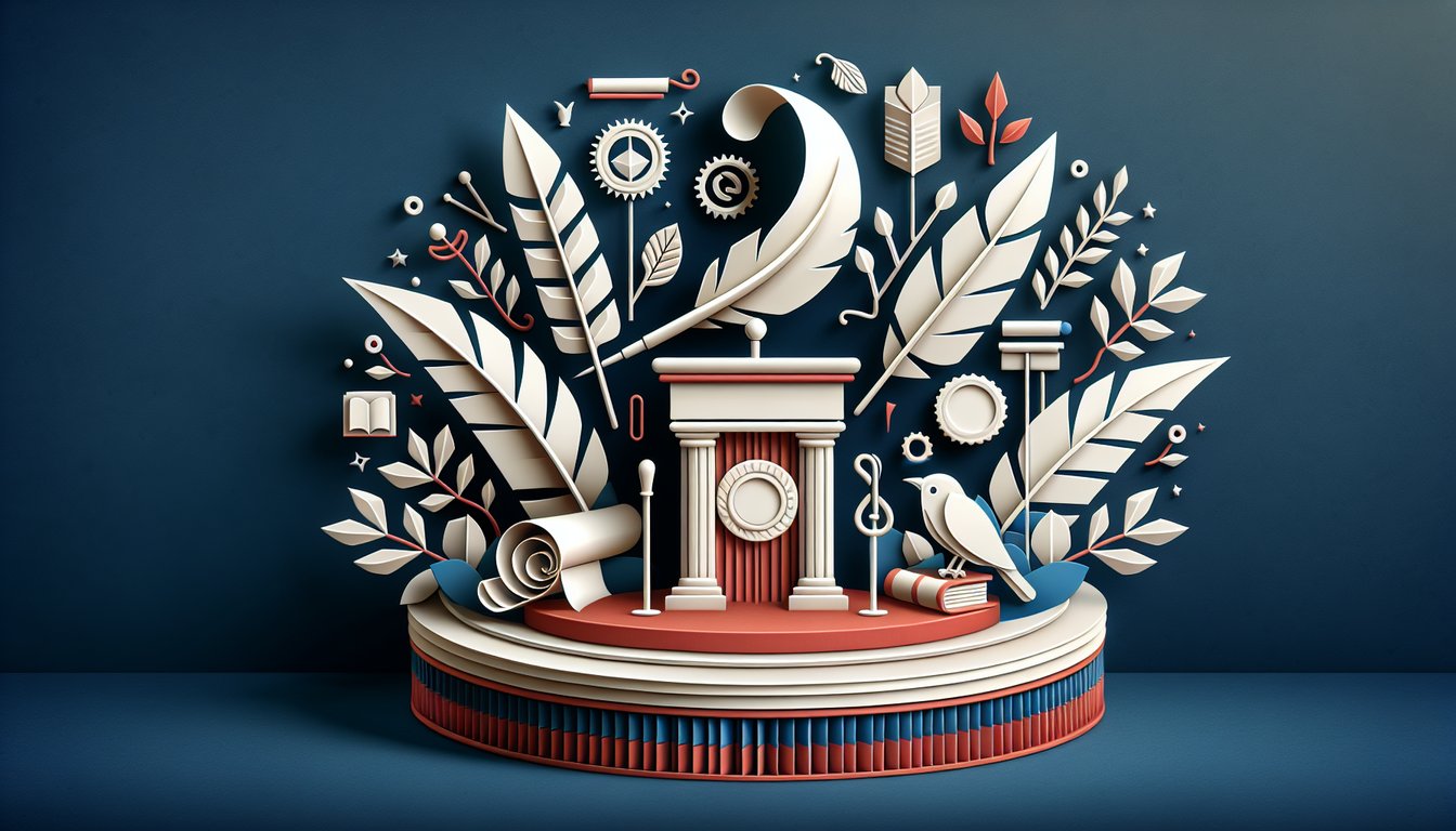 Colorful paper art depicting a quiz on Writing and Presentation Techniques Knowledge Test.