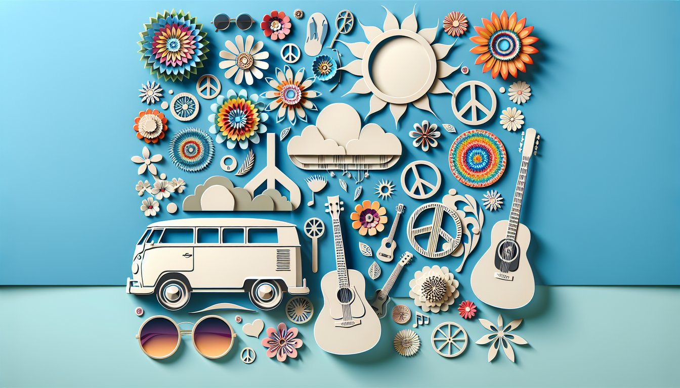 paper cutout flowers peace signs daisies retro hippie elements floating on sky blue background