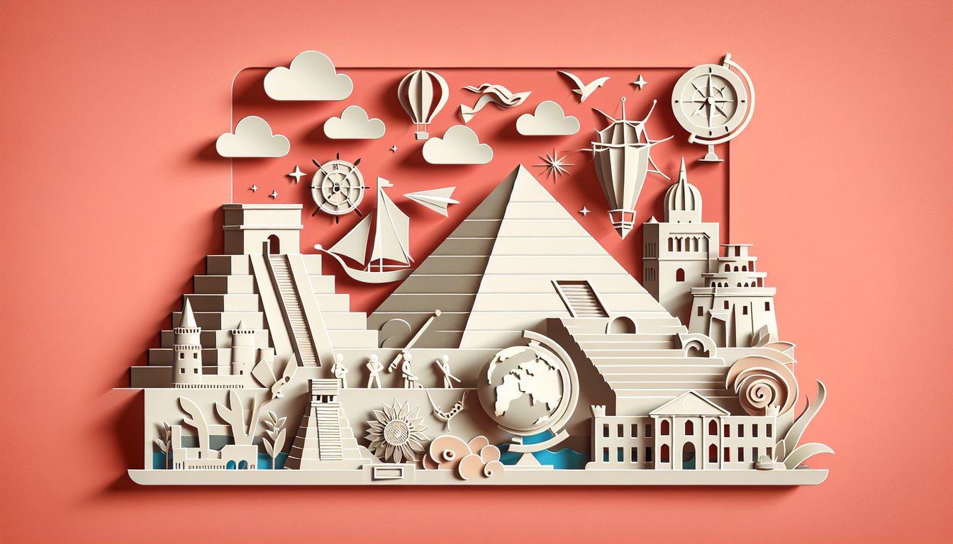 Paper art illustration for 6th grade history quiz on a coral background