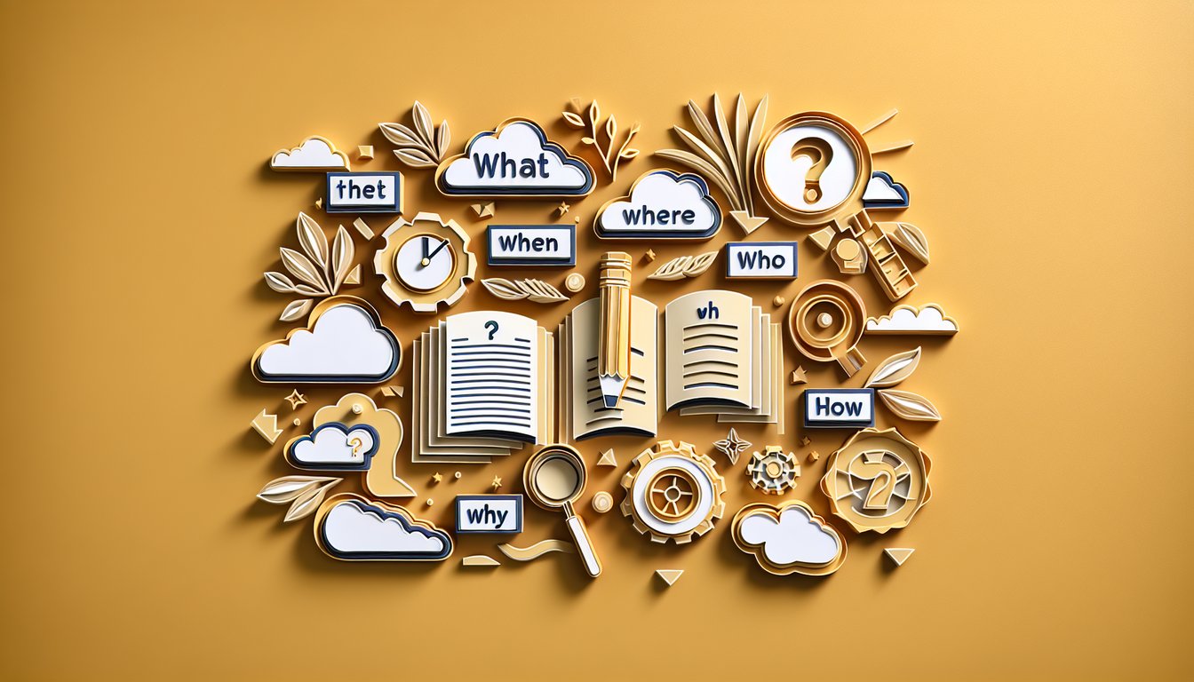 Paper art illustration showing question words what where when who why how on golden yellow background for WH questions quiz